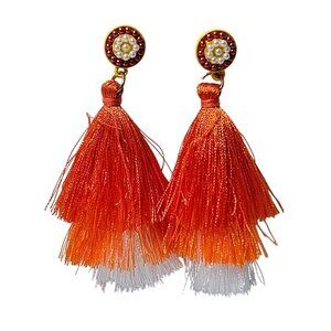 Retro 60s Boho Orange White Tassel Drop Earrings Faux Pearl Red Bead Accents 70s